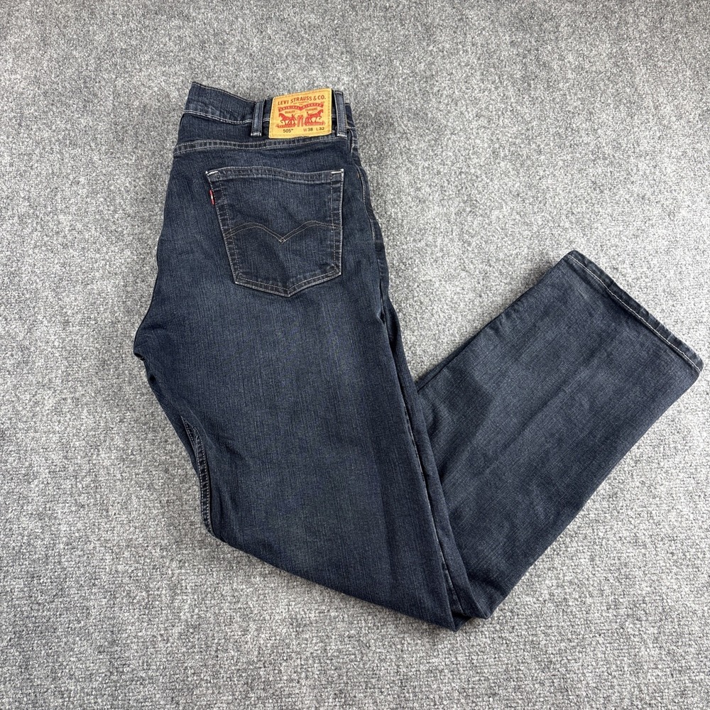 Levis 505 Regular Fit Straight Leg Jeans Mens 38x32 Dark Indigo Wash Stretch